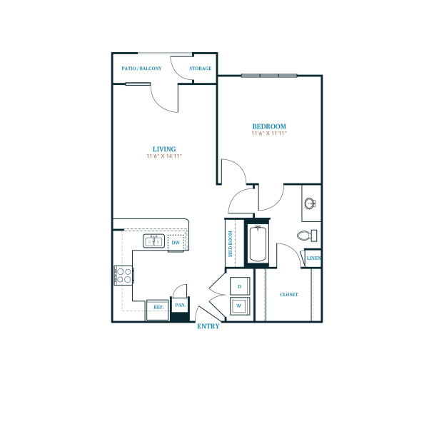 floor plan of a two bedroom apartment at The Twin Creeks Crossing