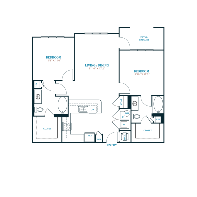 floor plan for a two bedroom apartment at The Twin Creeks Crossing