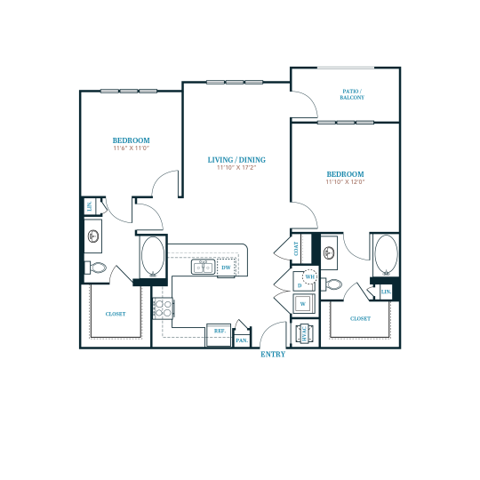 floor plan for a two bedroom apartment at The Twin Creeks Crossing