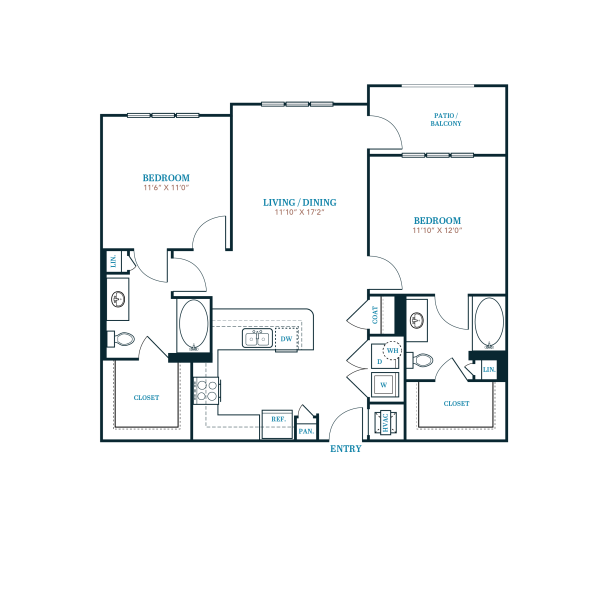 floor plan for a two bedroom apartment at The Twin Creeks Crossing