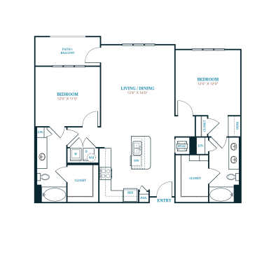 floor plan of a two bedroom apartment with two bathrooms at The Twin Creeks Crossing