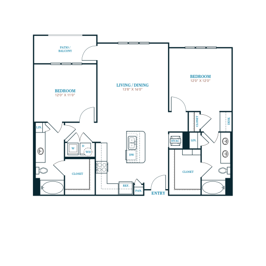 floor plan of a two bedroom apartment with two bathrooms at The Twin Creeks Crossing