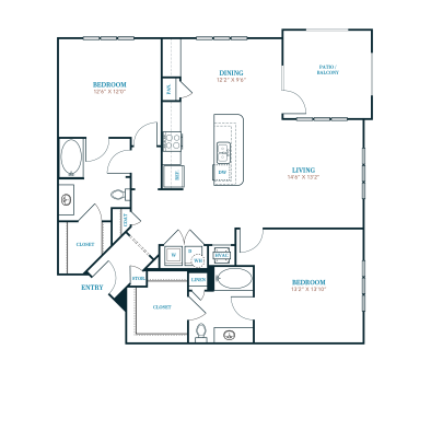 floor plan for a two bedroom apartment at The Twin Creeks Crossing