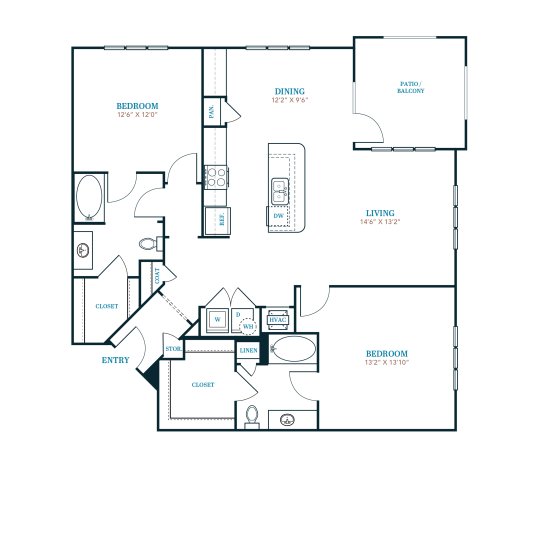 floor plan for a two bedroom apartment at The Twin Creeks Crossing